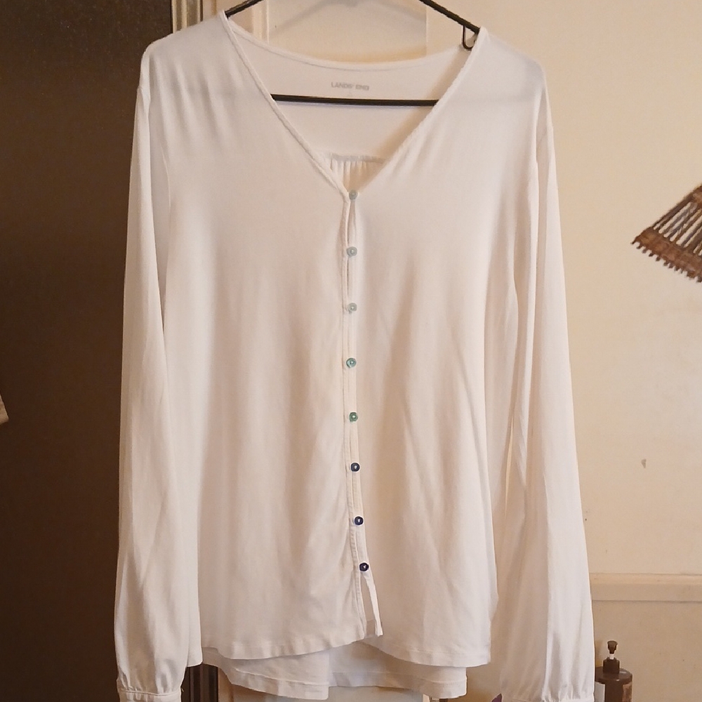 Lands' End Classic‎ White Top W Blue Buttons, 100%cotton, Womens Sz.L